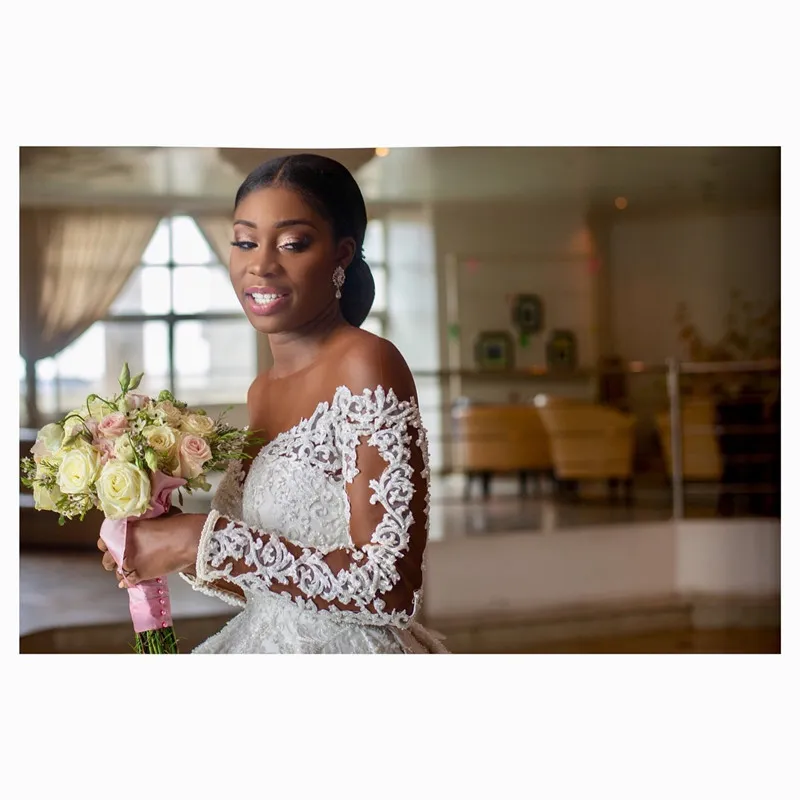 African Fashion Long Sleeve A E Wedding Dresses Bridal Gowns For Black Women Illusion Top Pearls Beaded Lace Bride Dress Trains 50 CM 0618