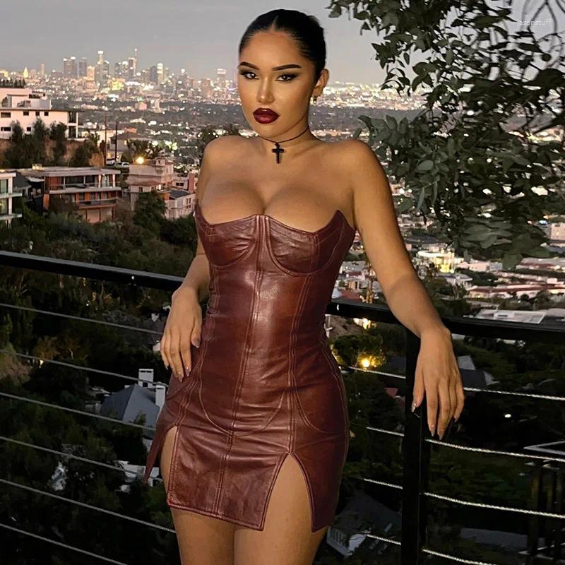 Casual Dresses PU Faux Leather Women Solid Strap Midi Dress Slit Bodycon Sexy Streetwear Party Club Festival 2024 Corset Mini