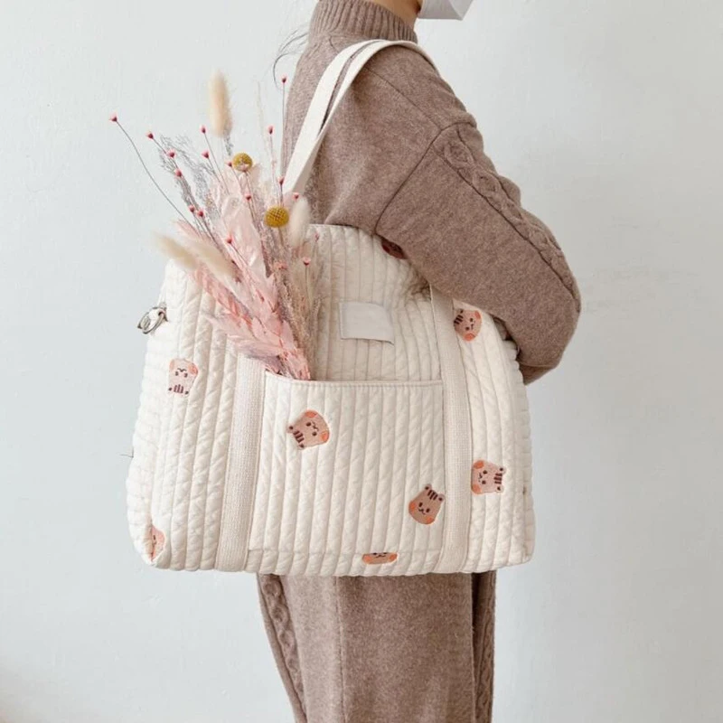 Korean Newborn Baby Care Diaper Bag Mummy Shoulder Bags Bear Embroidery Quilted Stroller Storage Organizer Large Messenger Bag