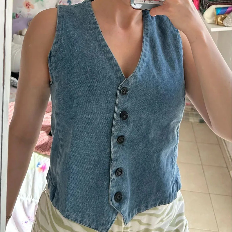 TRAF Womens Denim Vest Fashion Sleeveless Vests For Women Jackets Short Sets Street Outerwear Causal Female vest Top 240523