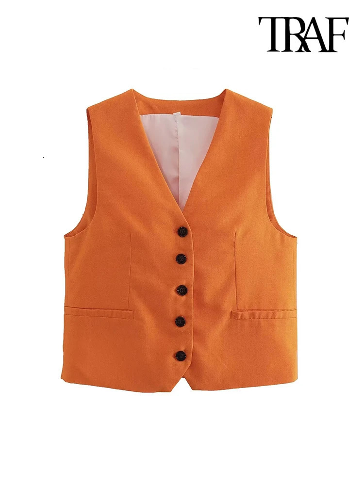 TRAF Women Fashion Front Button Linen Blend Waistcoat Vintage V Neck Sleeveless Female Outerwear Chic Vest Tops 240523