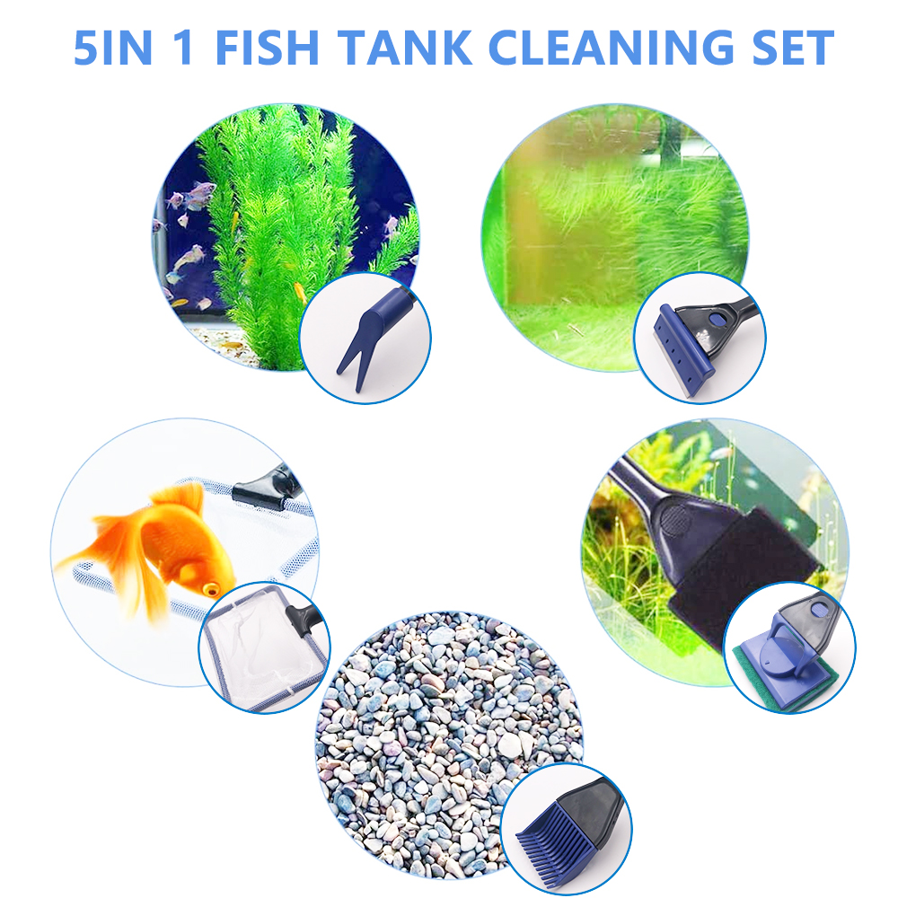5pcs/Set Aquarium Cleaning Tools Fish Tanks Accessories Clean Fishnet Gravel Rake Algae Scraper Fork Sponge Brush Glass Cleaner