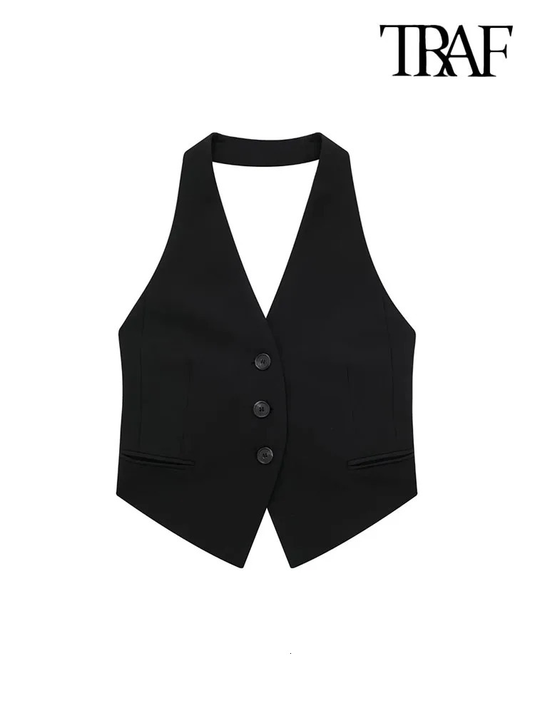 TRAF Women Fashion Backless Halter Neck Waistcoat Sexy Sleeveless Buttonup Female Outerwear Chic Vest Tops 240523