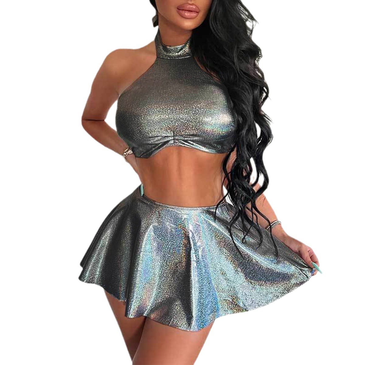 Sexy 2Piece Rave Outfit for Women Party Halter Tank Tops Pleated Skirt Set Nightclub Bar Festival Clothing Dance Party Costume 240522