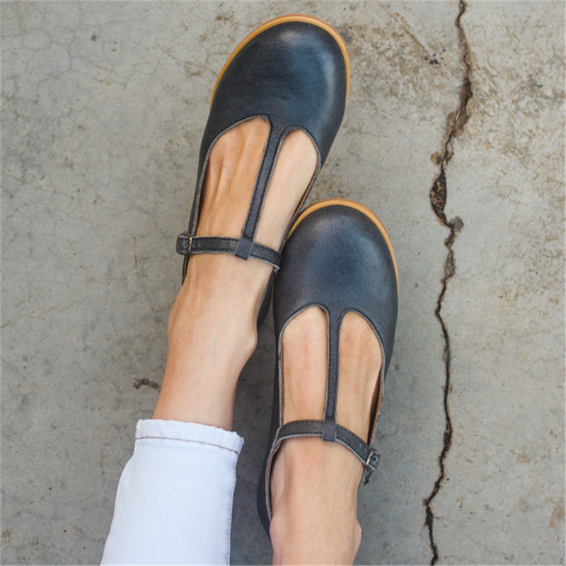 Women Comfortable Flats Retro Handmade T-straps Vintage Casual Flat Loafer Shoes Ladies Large Size 11 45 47 48 Brand e600
