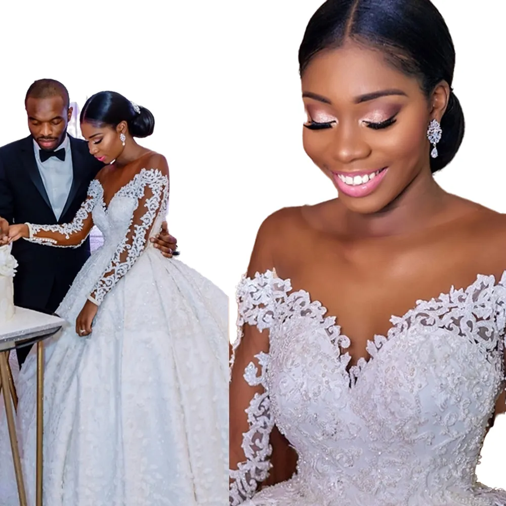 African Fashion Long Sleeve A E Wedding Dresses Bridal Gowns For Black Women Illusion Top Pearls Beaded Lace Bride Dress Trains 50 CM 0618