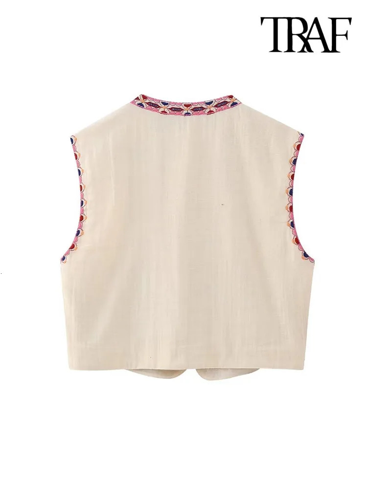TRAF Women Fashion Floral Embroidery Waistcoat Vintage Sleeveless Front Open Female Outerwear Chic Vest Tops 240523