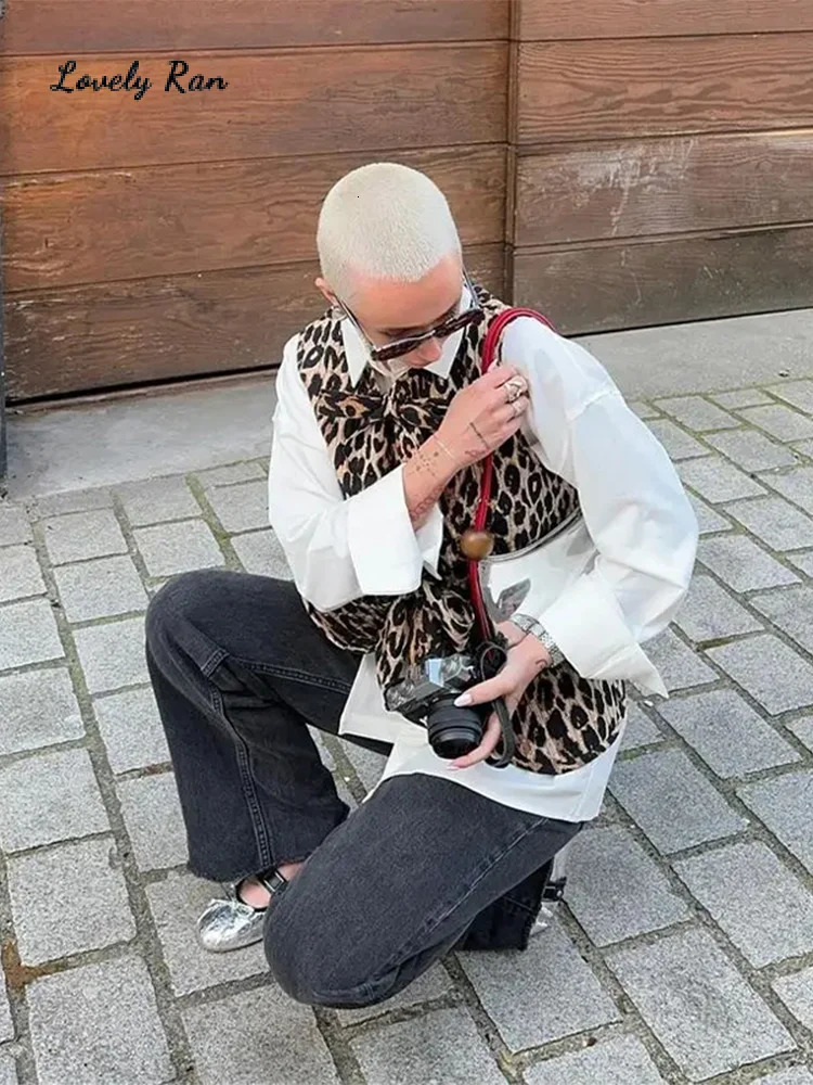 Street Leopard Print Bow Women Vest Y2k Fashion Vneck Lace Up Lady Spring Summer Chic Sleeveless Female Outwear 240523