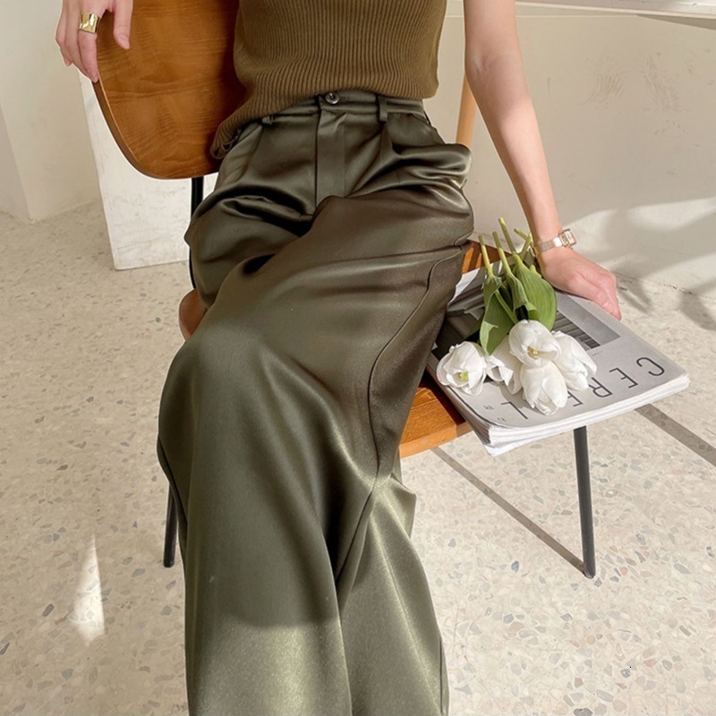 Womens Two Piece Pants Summer Silk Satin High Waist Casual Black Korean Fashion Wide Leg Suit for Women Trousers Oversize 230519