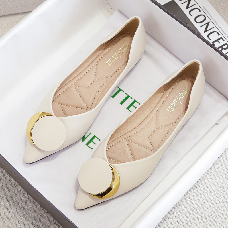 Women's Pointed Toe Flats - Soft Leather, Black & Beige, Round hot Buckle, Flat Sole, Large Sizes 42-43