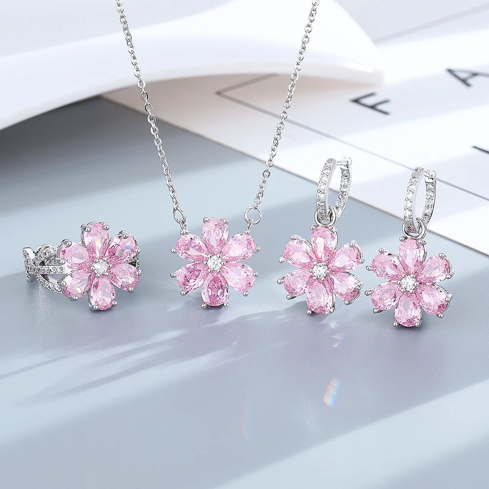 925 Sterling Silver Wedding Ring Women Pink Flower Bracelets Earrings Necklace Rings Fashion Jewelry Sets 240524