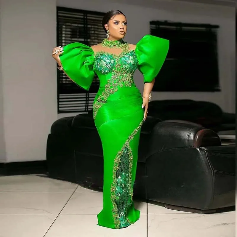 Aso Ebi Green Mermaid Prom Dresses Sequins Lace Appliques Puffy Sleeves African Sheath Or Length Evening Gowns Women Formal Ocn Party Dress 2024