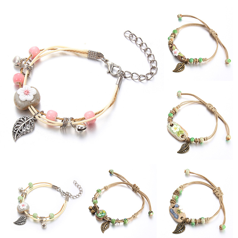 2021 Hot Sale Retro Bracelet Women's Flower Leaf Ceramic Hand Made DIY Bracelets Artware For Woman Girl Gift Jewelery Wholesale