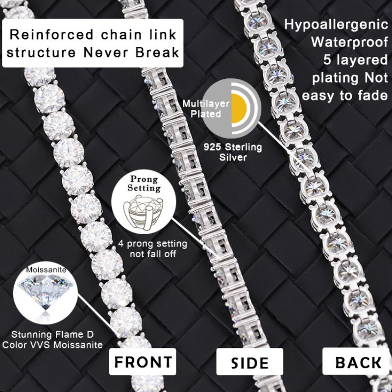 Pass Dia Test 3mm Mossanite Hip Hop Necklace VVS Moissanite Tennis Chain Bracelets Men and women Fashion wear Noble quality