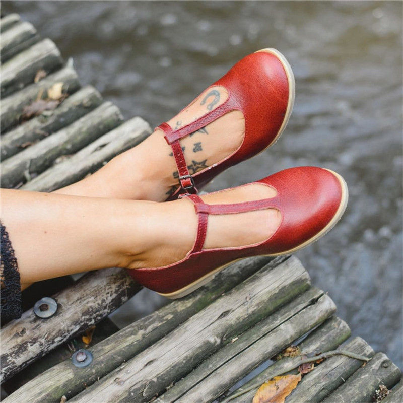 Women Comfortable Flats Retro Handmade T-straps Vintage Casual Flat Loafer Shoes Ladies Large Size 11 45 47 48 Brand e600