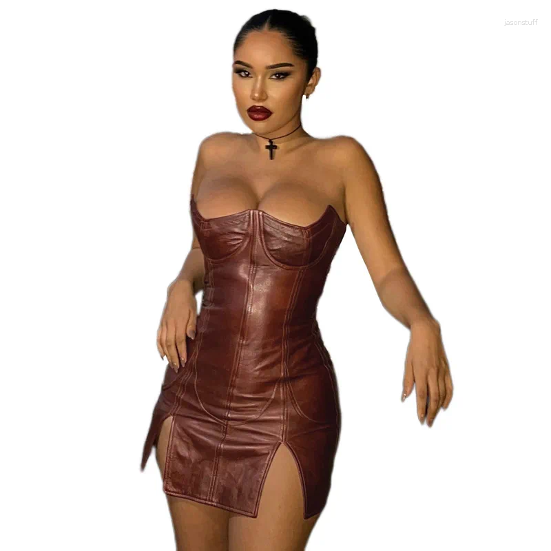 Casual Dresses PU Faux Leather Women Solid Strap Midi Dress Slit Bodycon Sexy Streetwear Party Club Festival 2024 Corset Mini