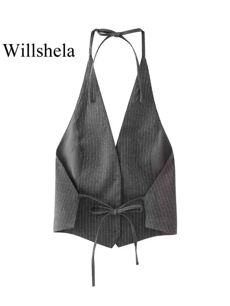 Willshela Women Fashion Striped Sleeveless Jackets Waistcoats Vintage VNeck Backless Lace Up Vest Female Chic Lady Tank Tops 240523
