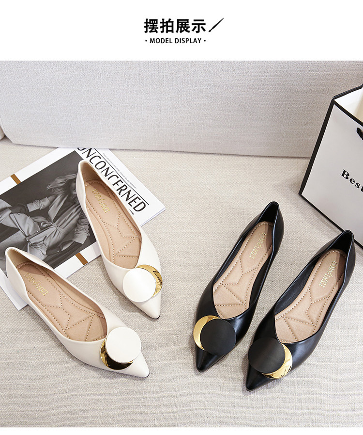 Women's Pointed Toe Flats - Soft Leather, Black & Beige, Round hot Buckle, Flat Sole, Large Sizes 42-43