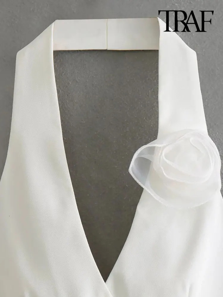 TRAFWomens Floral Appliques Halterneck Waistcoat Sexy Backless Buttonup Female Outerwear Chic Vest Tops Fashion 240523