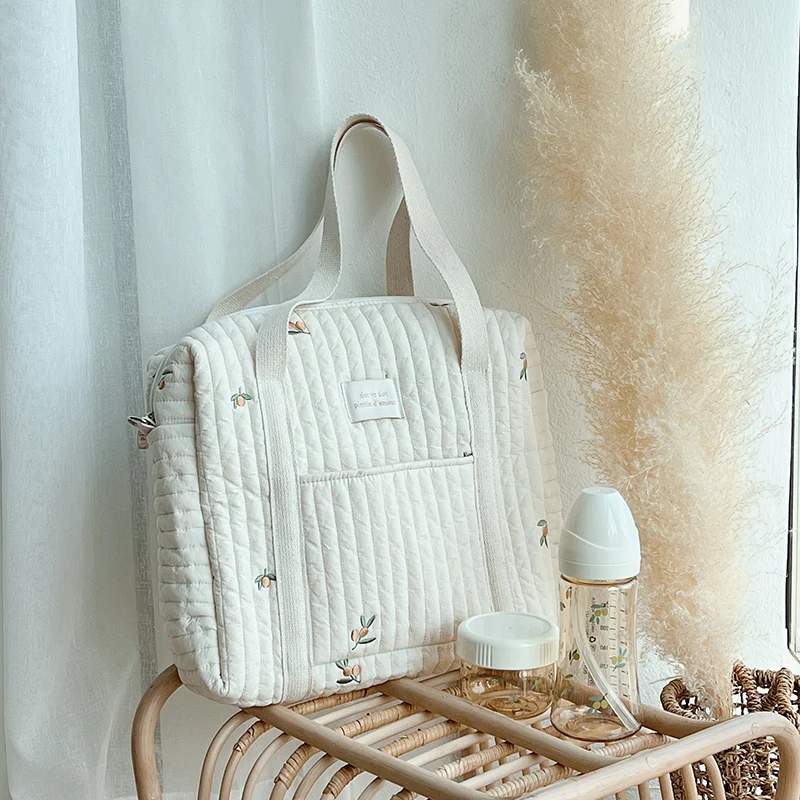 Korean Newborn Baby Care Diaper Bag Mummy Shoulder Bags Bear Embroidery Quilted Stroller Storage Organizer Large Messenger Bag