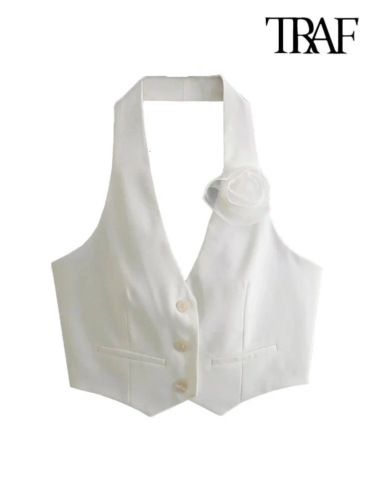 TRAFWomens Floral Appliques Halterneck Waistcoat Sexy Backless Buttonup Female Outerwear Chic Vest Tops Fashion 240523