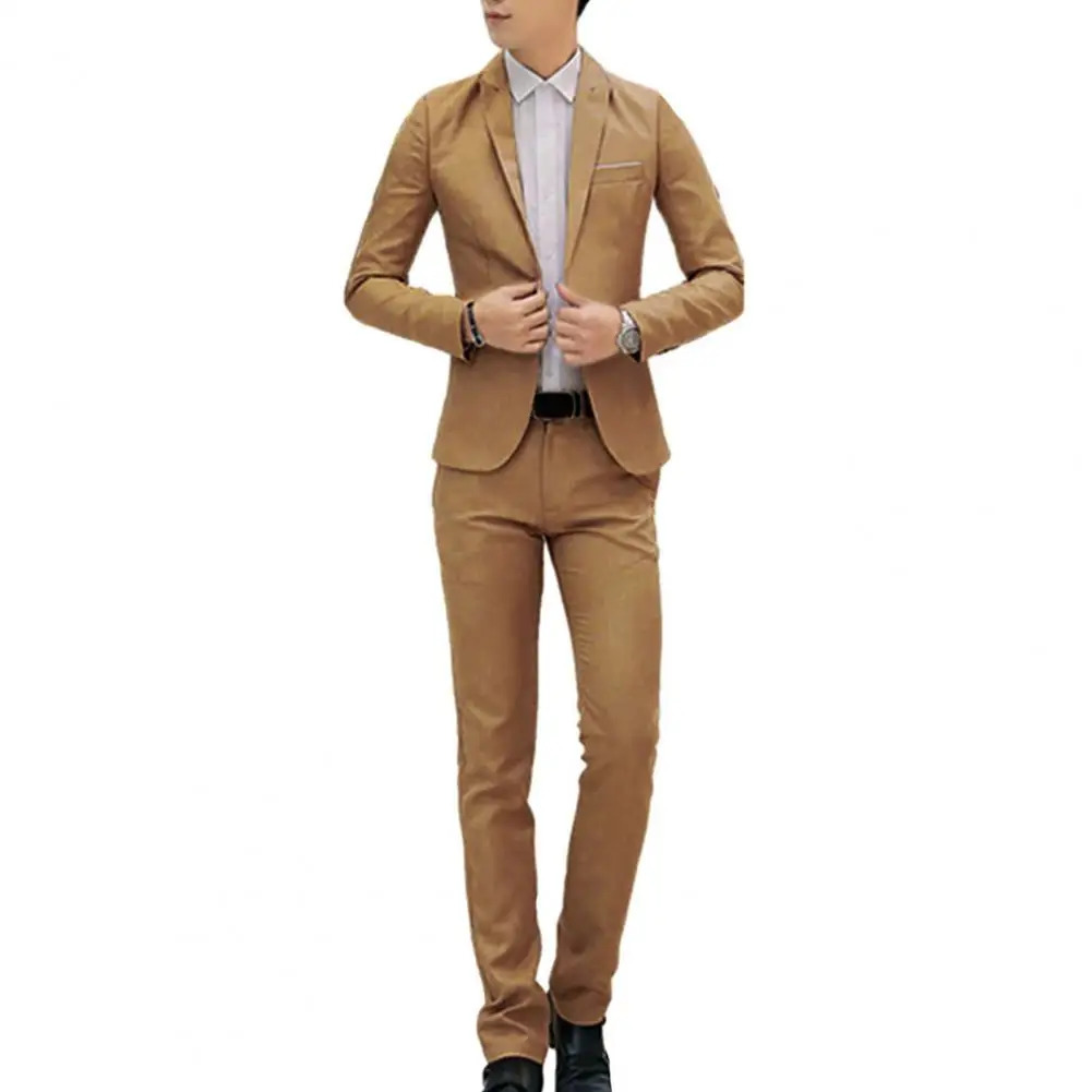 2Pcs/Set Men Spring Autumn Solid Color Business Suit Lapel Long Sleeve Pockets Single Button Blazer Slim Fit Long Pants Set 240518