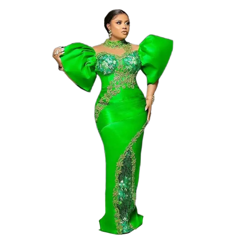 Aso Ebi Green Mermaid Prom Dresses Sequins Lace Appliques Puffy Sleeves African Sheath Or Length Evening Gowns Women Formal Ocn Party Dress 2024 - view 4
