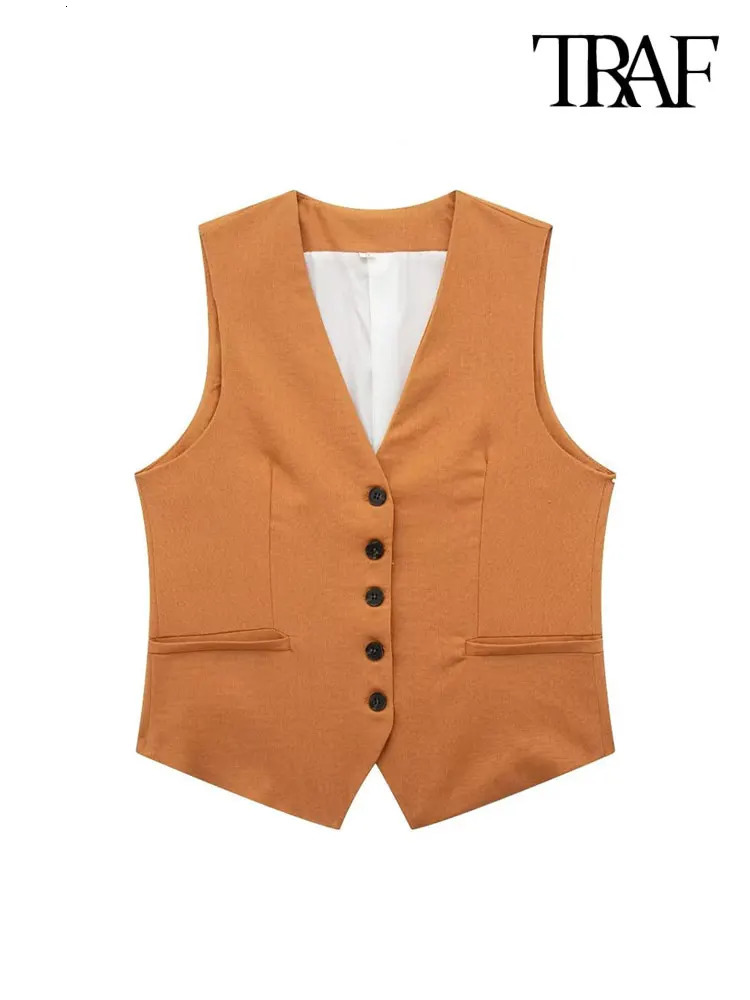 TRAF Women Fashion Front Button Linen Waistcoat Vintage V Neck Sleeveless Female Outerwear Chic Vest Tops 240523