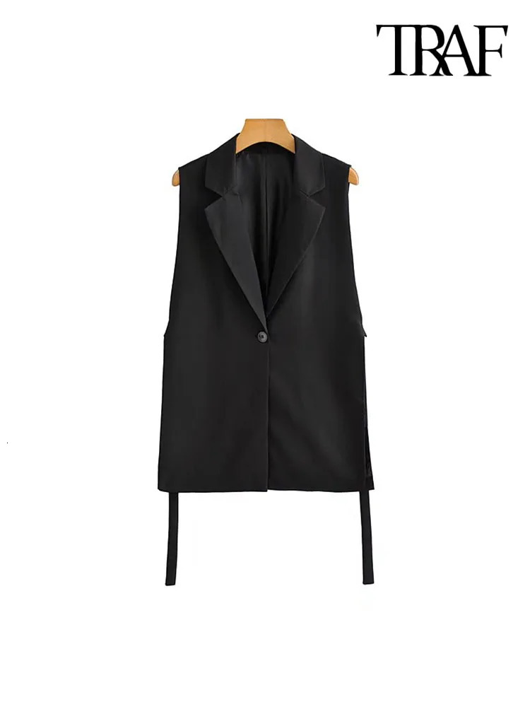TRAF Women Fashion With Taps Side Vents Waistcoat Vintage Sleeveless Front Button Female Outerwear Chic Vest Tops 240523