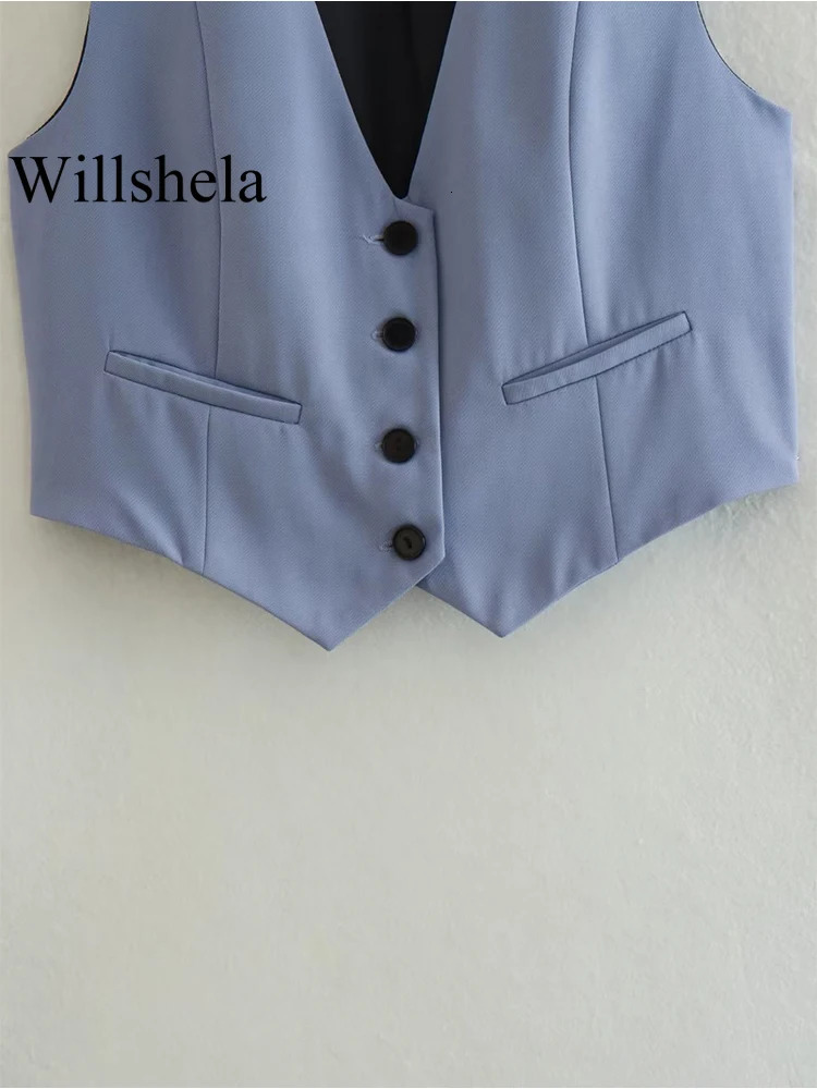 Willshela Women Fashion Solid Single Breasted Vest Sleeveless Jackets Vintage VNeck Waistcoat Female Chic Lady Tank Tops 240523