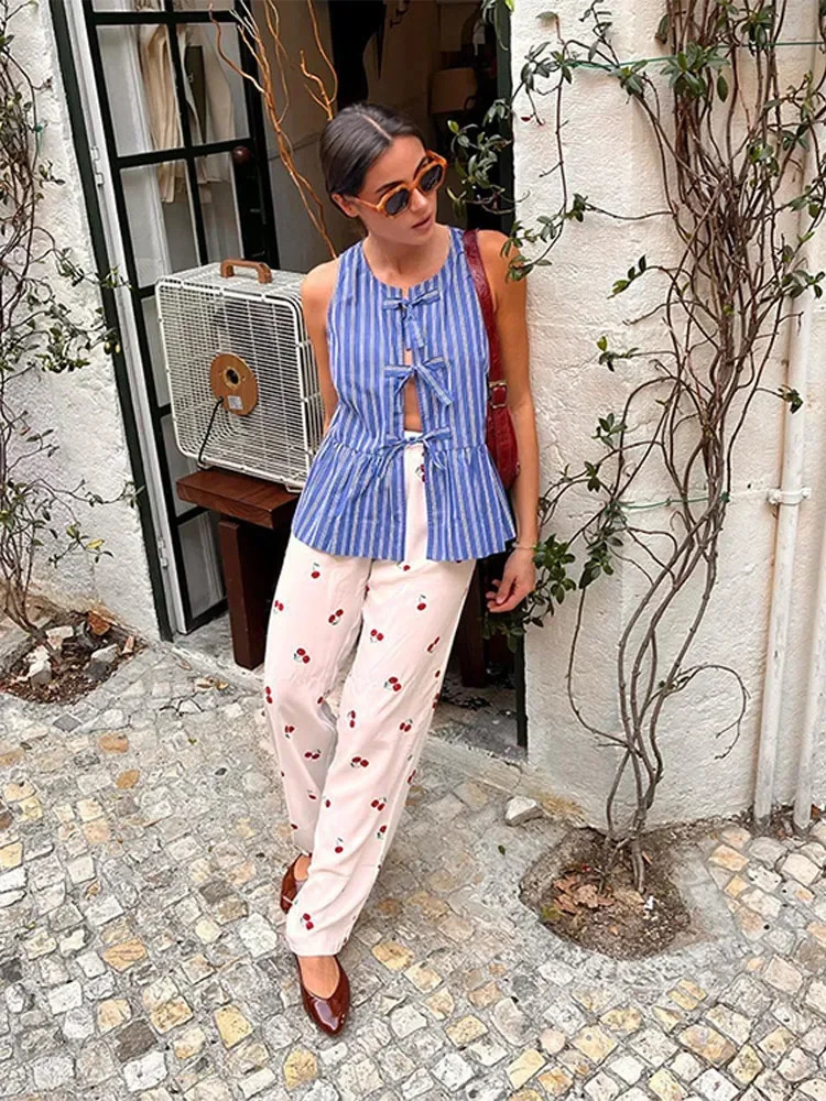 Fashion Blue Strip Lace Up Vests For Women Causal Oneck Sleeveless Bow Tie Loose Waistcoat Spring Female Beach Commuting Tops 240523