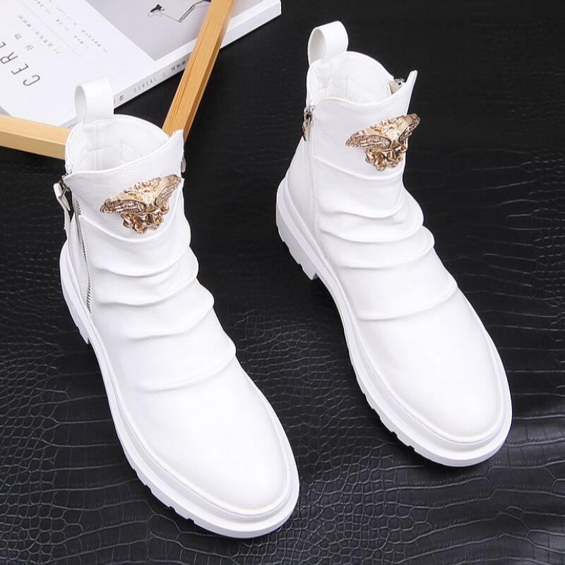 New Men's boots tide male contracted high top recreational leather shoes pointed individual high top shoes white male boots A5