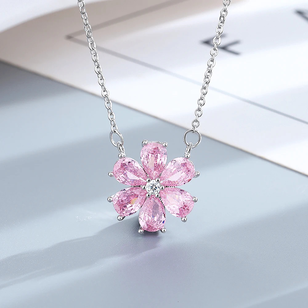 925 Sterling Silver Wedding Ring Women Pink Flower Bracelets Earrings Necklace Rings Fashion Jewelry Sets 240524