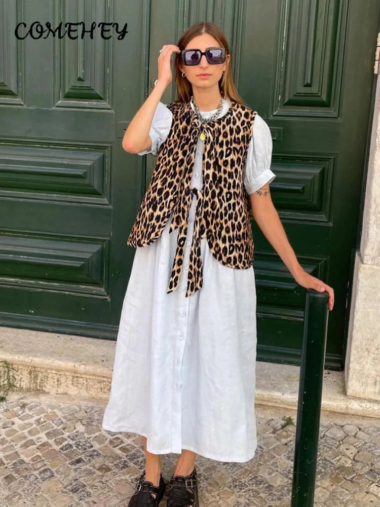 Vintage Leopard Print Lace Up Jackets Women Fashion Vneck Bow Sleeveless Slim Vest Spring High Street Tank Top Outwear 240523