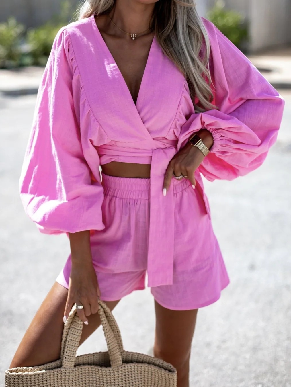 Two Piece Dress Fandy Lokar V Neck Short Tops Suit Fashion Lace Up Solid Suit Elegant Ruffle Mini Skirts Female Ladies 230818