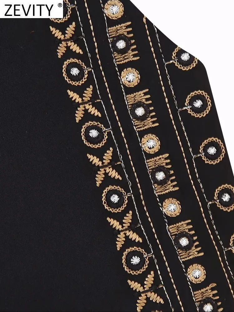 Zevity Women Vintage V Neck Beading Flower Embroidery Short Vest Jacket Ladies Sleeveless Casual Cardigan WaistCoat Tops CT5322 240523