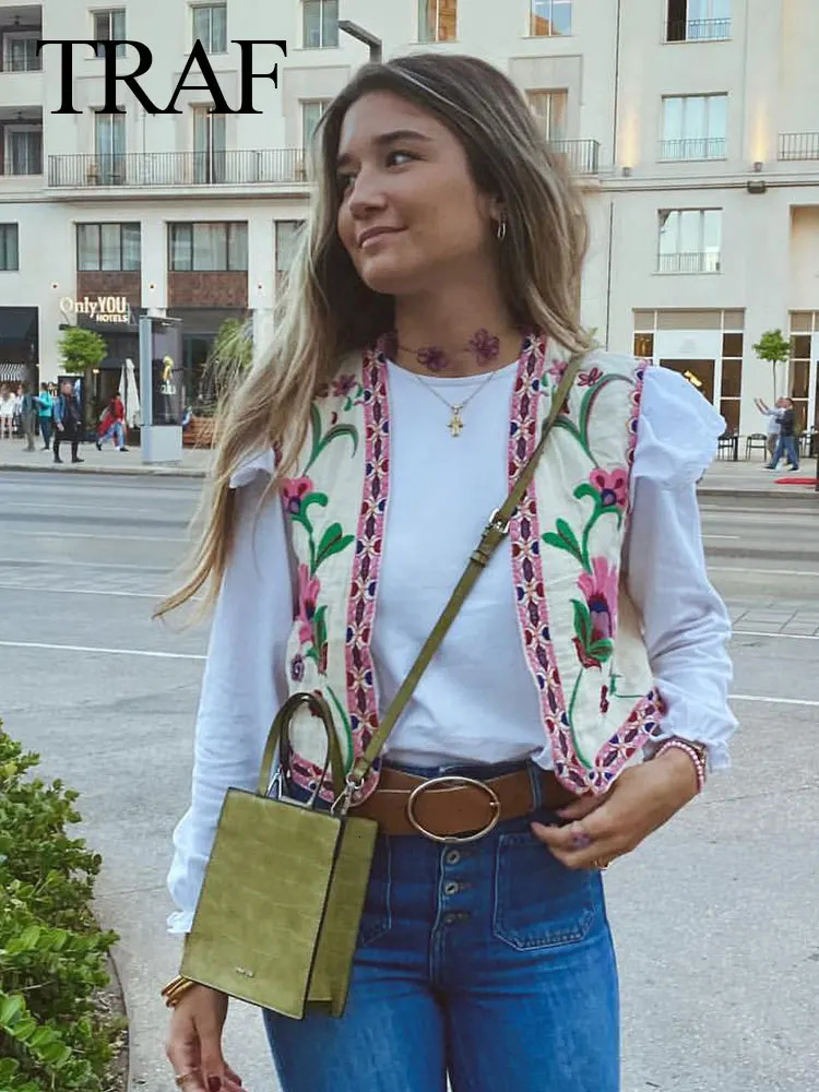 TRAF Women Summer Elegant Floral Embroidery Vest V Neck Cardigan Short Waistcoat Woman Casual Loose Tops Fashion Streetwear 240523