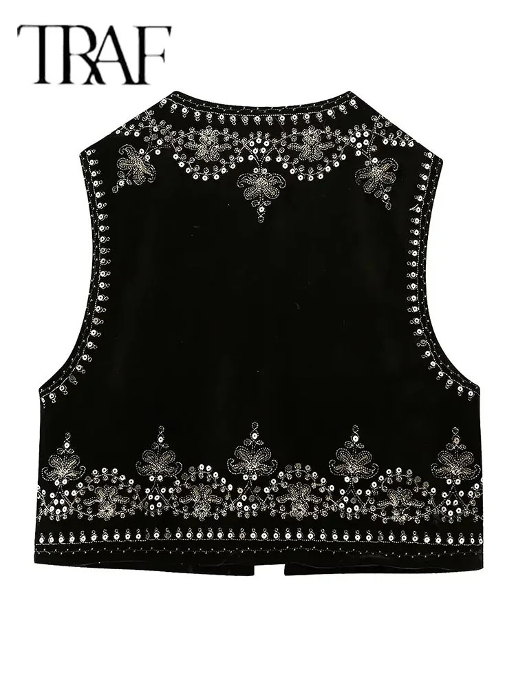 TRAF Vintage Autumn Velvet Embroidered Vest Sleeveless Jacket Women V Neck Chic Waistcoats Female Fashion Vests Coat 240523