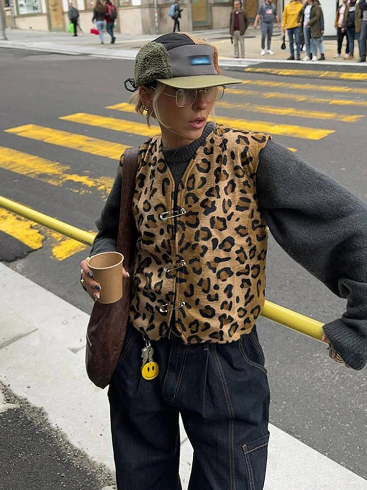 Vintage Leopard Print Lace Up Jackets Women Fashion Vneck Bow Sleeveless Slim Vest Spring High Street Tank Top Outwear 240523