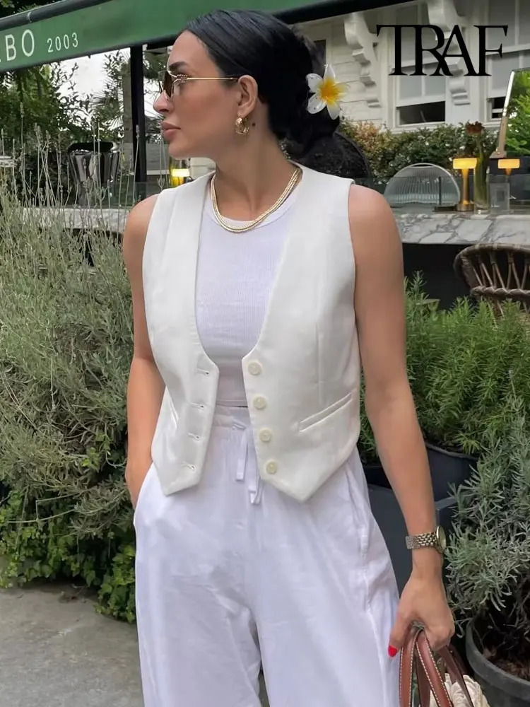 TRAF Women Fashion Front Button Asymmetric Waistcoat Vintage V Neck Sleeveless Female Outerwear Chic Vest Tops 240523