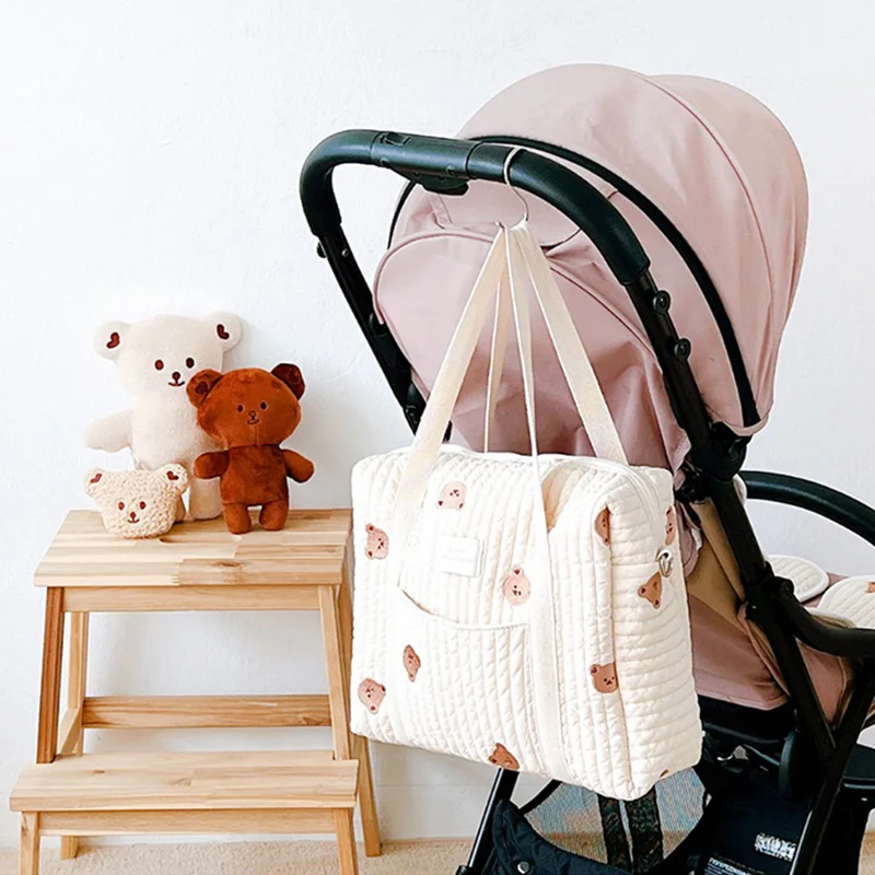 Korean Newborn Baby Care Diaper Bag Mummy Shoulder Bags Bear Embroidery Quilted Stroller Storage Organizer Large Messenger Bag