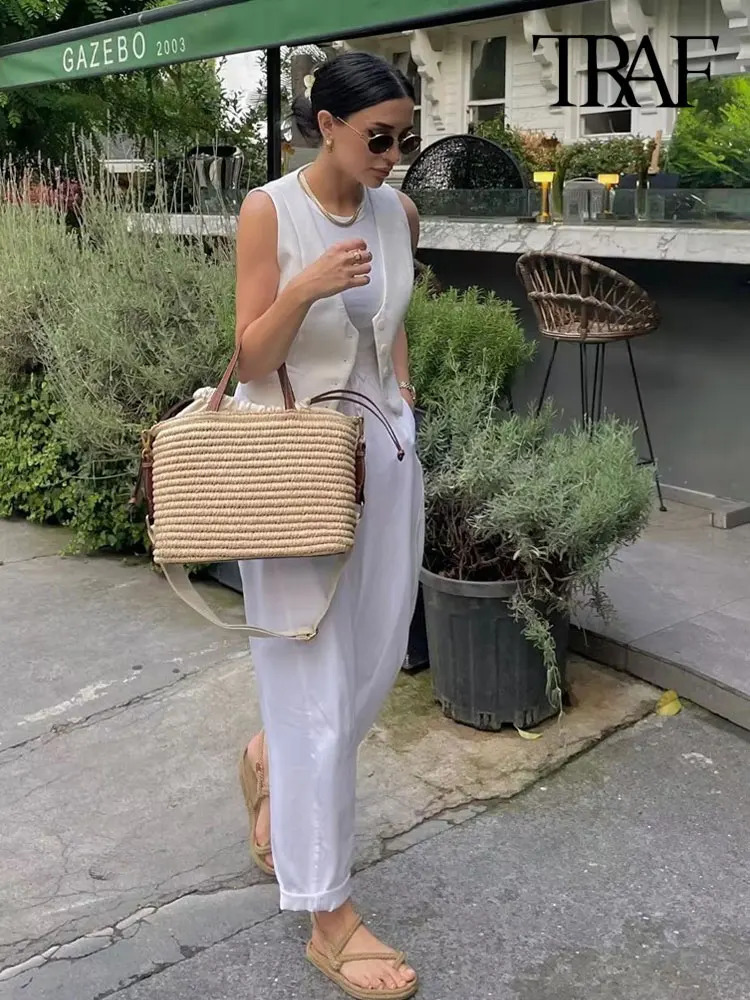 TRAF Women Fashion Front Button Asymmetric Waistcoat Vintage V Neck Sleeveless Female Outerwear Chic Vest Tops 240523