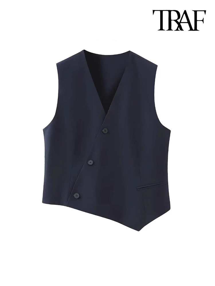 TRAF Women Fashion Asymmetric Front Button Waistcoat Vintage Sleeveless Back Tap Female Outerwear Chic Vest Tops 240523