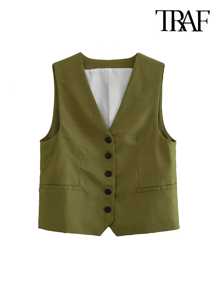 TRAF Women Fashion Front Button Linen Blend Waistcoat Vintage V Neck Sleeveless Female Outerwear Chic Vest Tops 240523