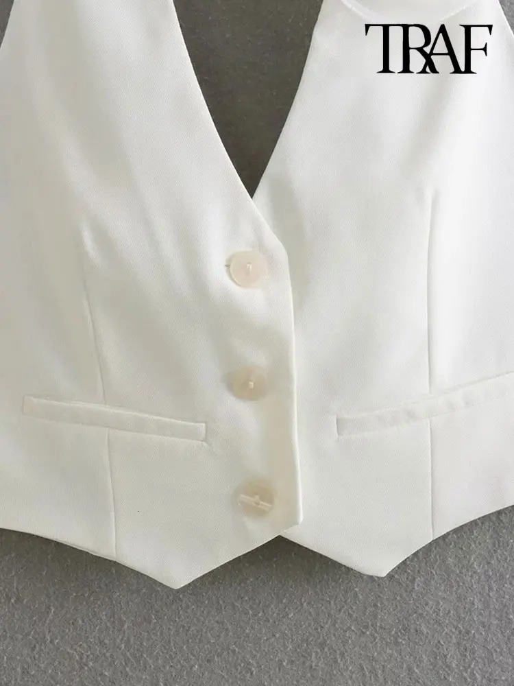 TRAFWomens Floral Appliques Halterneck Waistcoat Sexy Backless Buttonup Female Outerwear Chic Vest Tops Fashion 240523