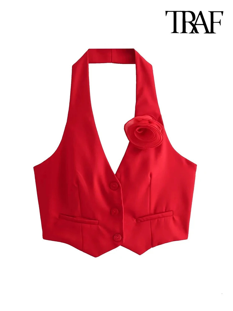 TRAFWomens Floral Appliques Halterneck Waistcoat Sexy Backless Buttonup Female Outerwear Chic Vest Tops Fashion 240523