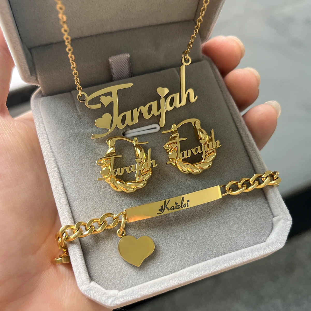 Customized Jewelry Sets Name Childrens Set Personalized Letter Necklace Name Bangles Stainless Steel Mini Earring For Kids Gift 240524