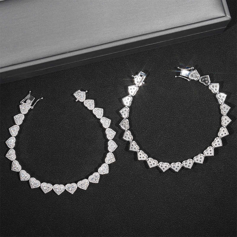 Elegant Fine Silver Hip Hop Jewelry with VVS Moissanite - 925 Sterling Silver Heart Bracelet & Tennis Chain for Women and Men