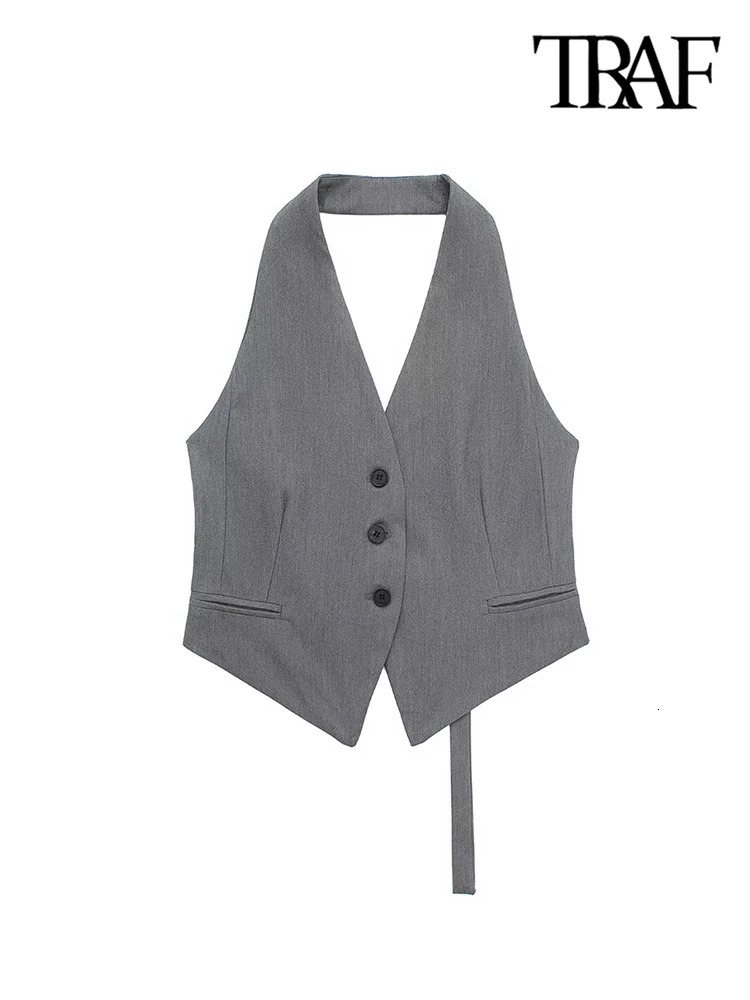 TRAF Women Fashion Backless Halter Neck Waistcoat Sexy Sleeveless Buttonup Female Outerwear Chic Vest Tops 240523