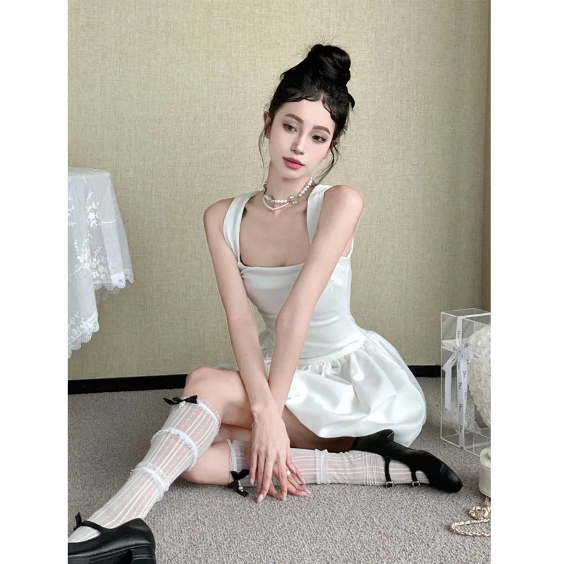 HOUZHOU Kawaii Sweet White Mini Dress Elegant Balletcore Women Korean Y2k Summer Sexy Short Dresses Party Dress French Vintage 240524